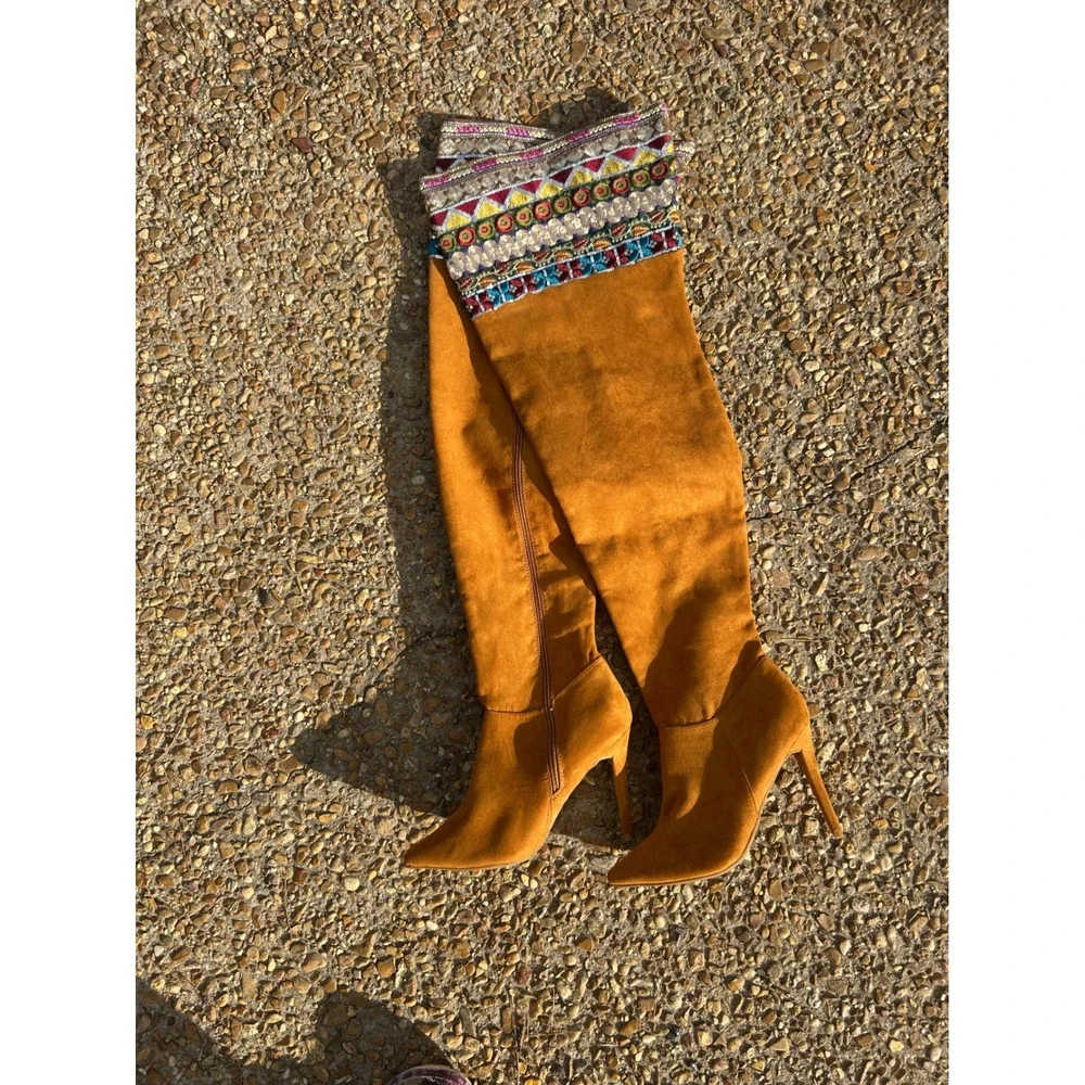 Anna Michelle Thigh High Boots Women 8 Tan Good Embroidered Sequin Boho Stiletto